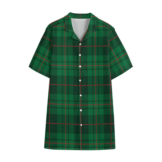 Green And Red Stewart Tartan Print Cotton Hawaiian Shirt