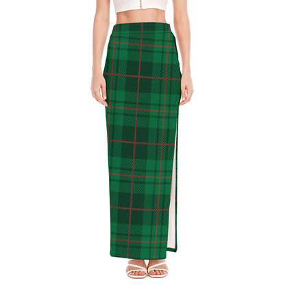 Green And Red Stewart Tartan Print High Slit Maxi Skirt