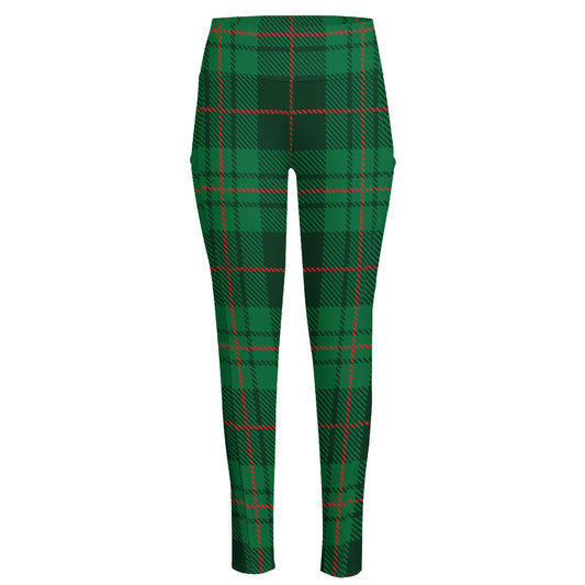 Green And Red Stewart Tartan Print High-Waisted Pocket Leggings