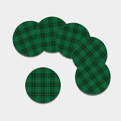 Green And Red Stewart Tartan Print Leather Coaster Set