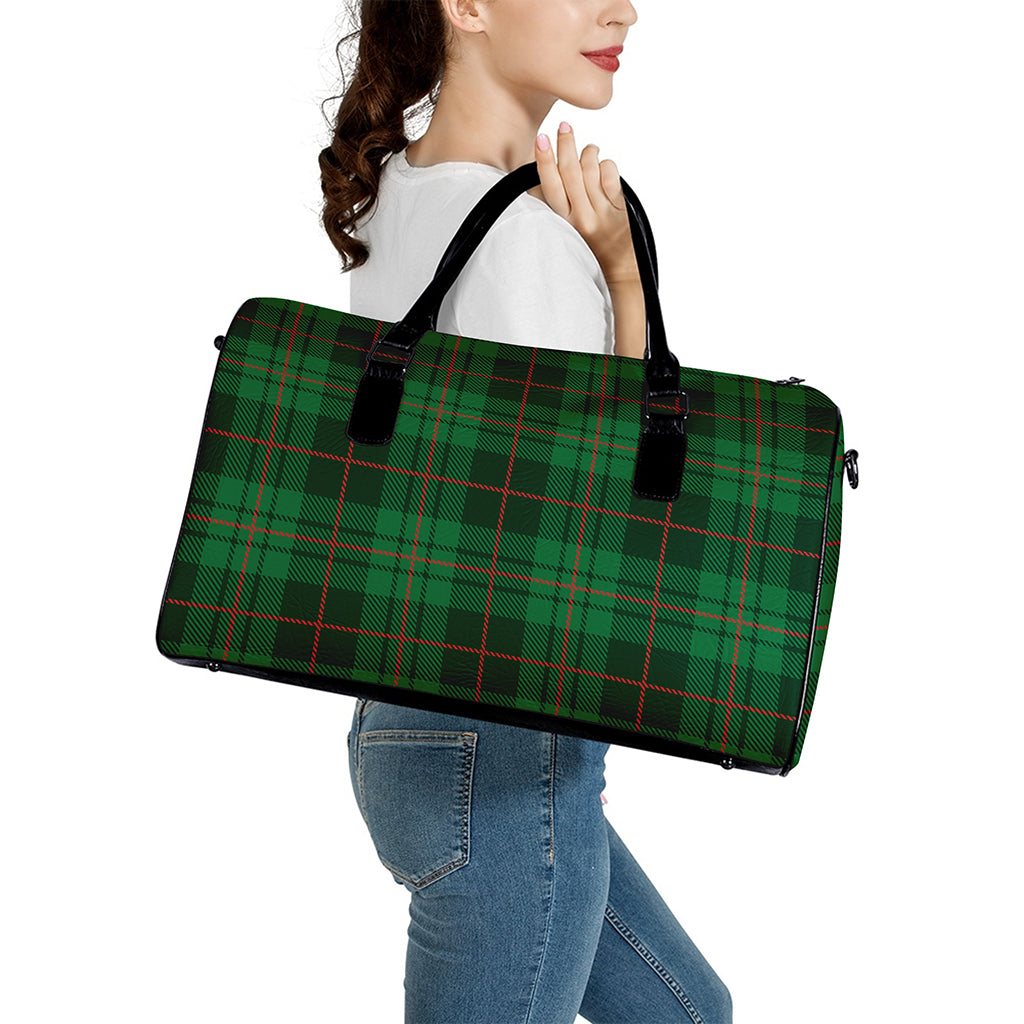 Green And Red Stewart Tartan Print Leather Duffle Bag