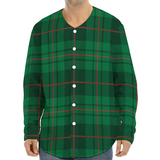 Green And Red Stewart Tartan Print Long Sleeve Baseball Jersey