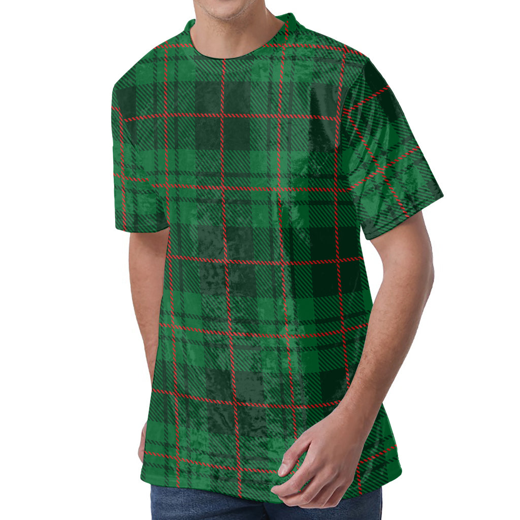 Green And Red Stewart Tartan Print Men's Velvet T-Shirt