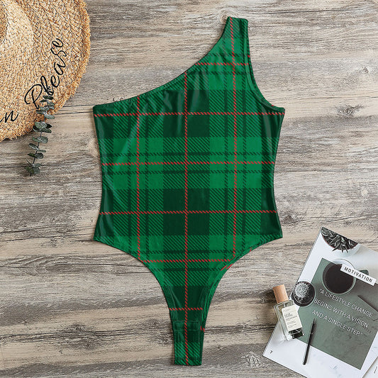Green And Red Stewart Tartan Print One Shoulder Bodysuit