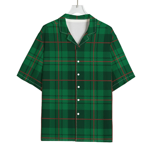 Green And Red Stewart Tartan Print Rayon Hawaiian Shirt