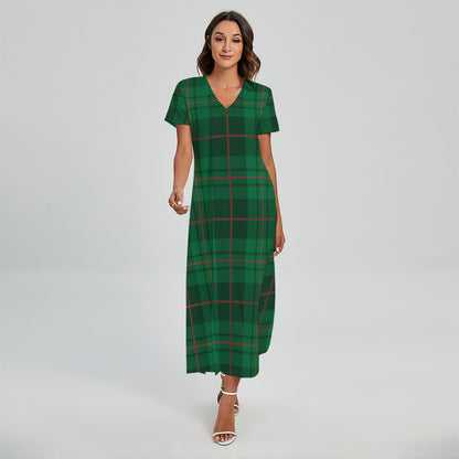 Green And Red Stewart Tartan Print Short Sleeve Maxi Dress