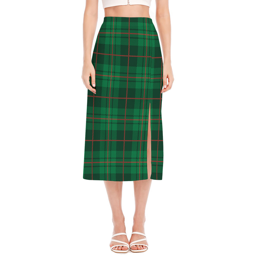 Green And Red Stewart Tartan Print Side Slit Midi Skirt