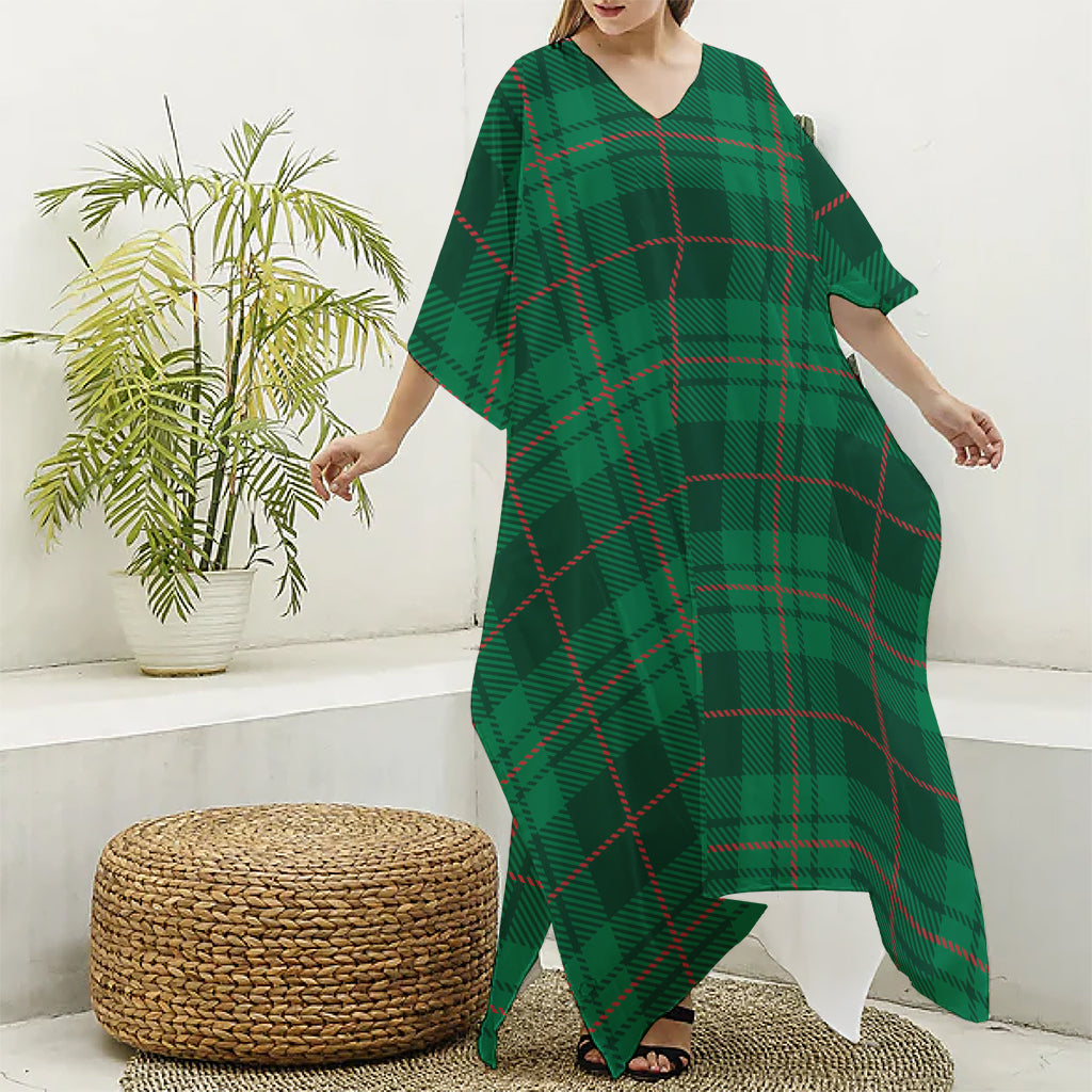Green And Red Stewart Tartan Print Silk V-Neck Kaftan Dress