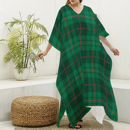 Green And Red Stewart Tartan Print Silk V-Neck Kaftan Dress
