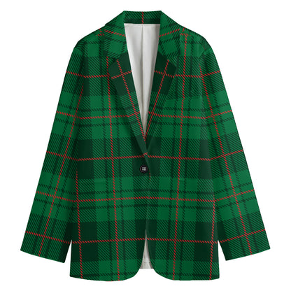 Green And Red Stewart Tartan Print Women's Cotton Blazer