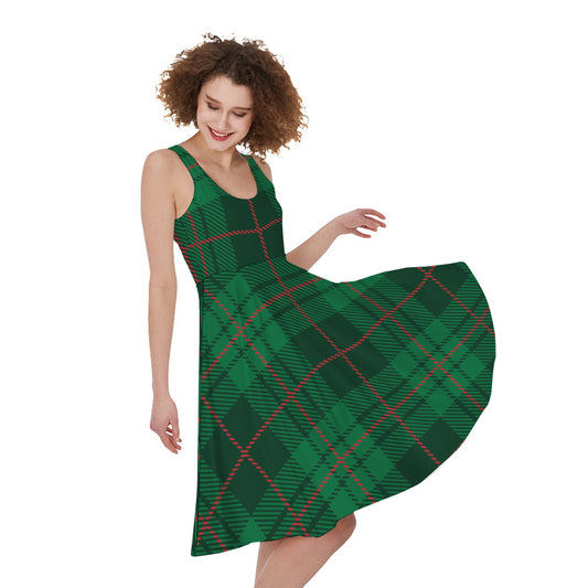 Green And Red Stewart Tartan Print Women's Sleeveless Dress