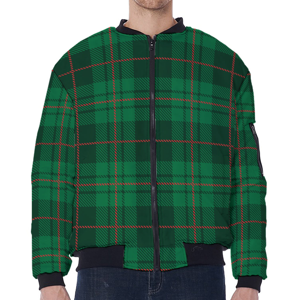 Green And Red Stewart Tartan Print Zip Sleeve Bomber Jacket