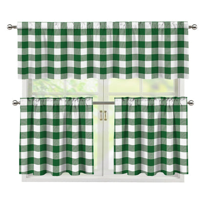 Green And White Buffalo Check Print 3 Piece Kitchen Curtains