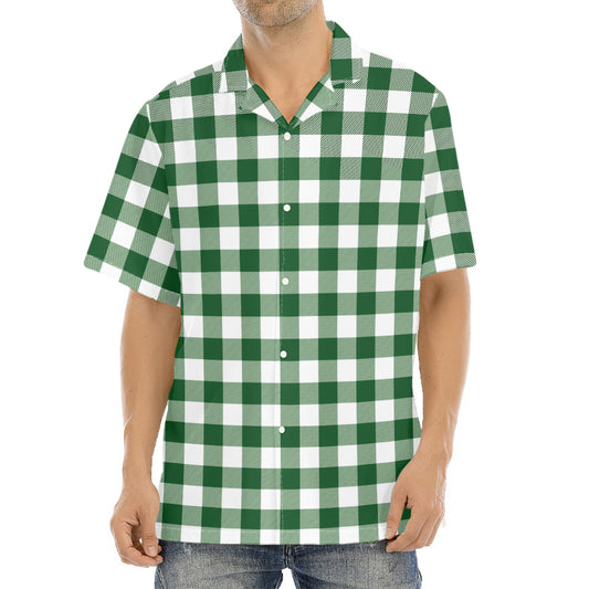 Green And White Buffalo Check Print Aloha Shirt