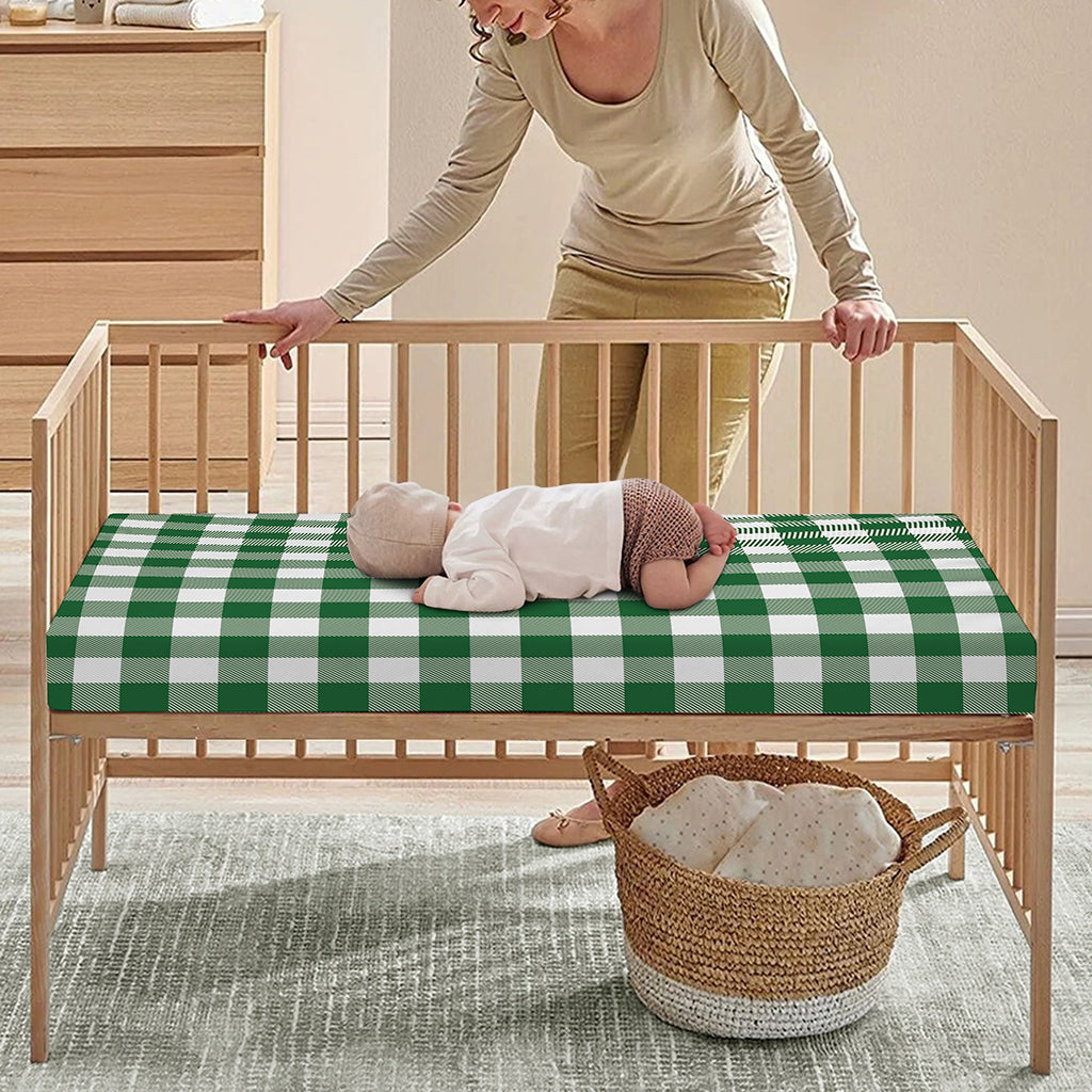 Green And White Buffalo Check Print Baby Crib Sheet