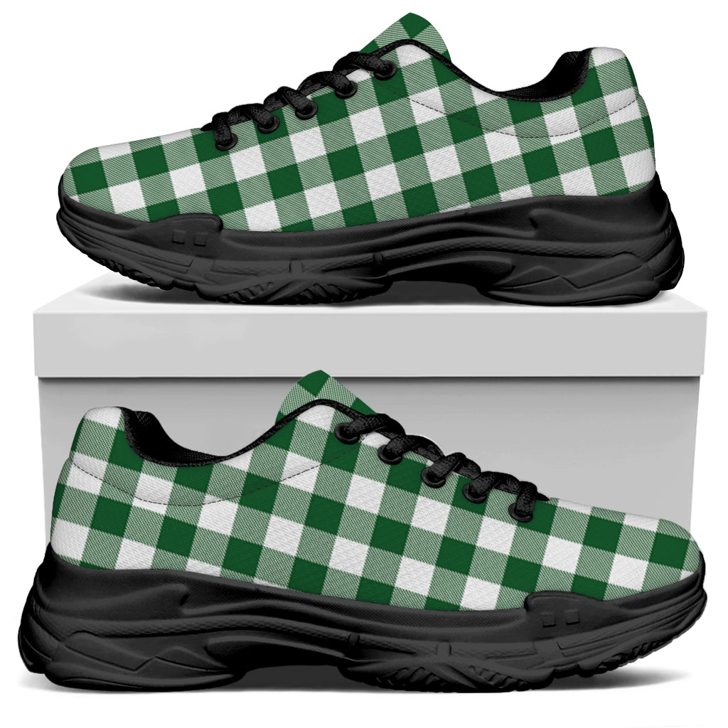Green And White Buffalo Check Print Black Chunky Shoes