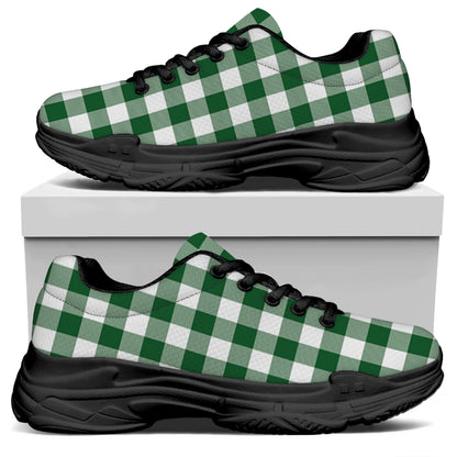 Green And White Buffalo Check Print Black Chunky Shoes
