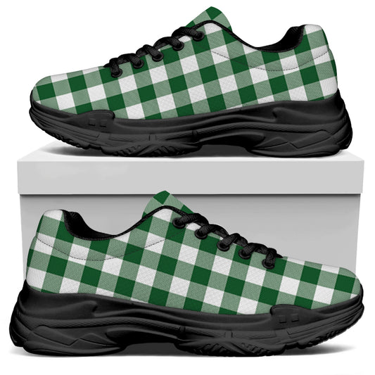 Green And White Buffalo Check Print Black Chunky Shoes
