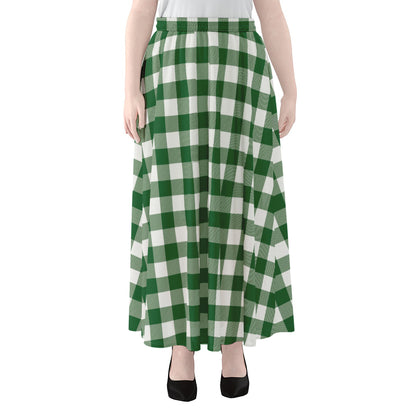 Green And White Buffalo Check Print Chiffon Maxi Skirt