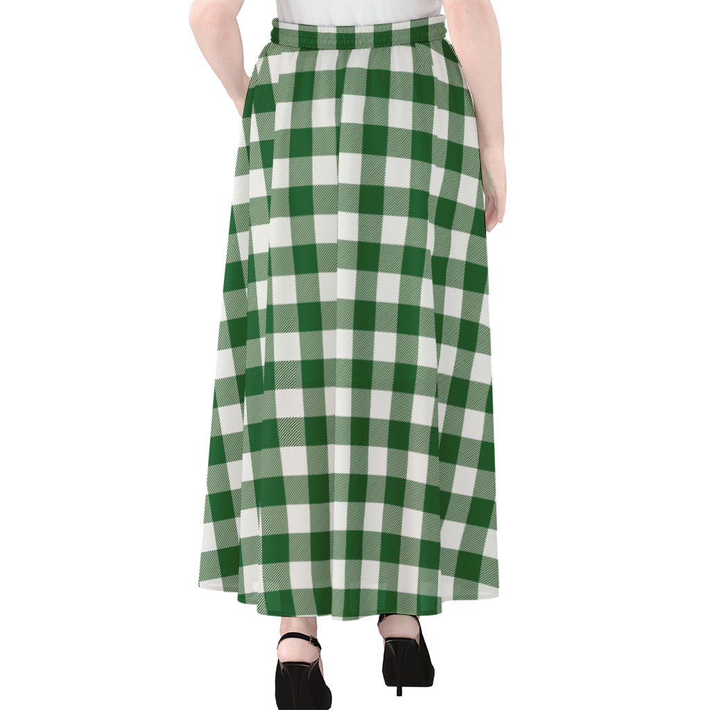 Green And White Buffalo Check Print Chiffon Maxi Skirt