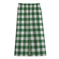 Green And White Buffalo Check Print Cotton Front Slit Maxi Skirt