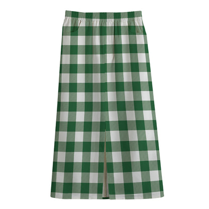 Green And White Buffalo Check Print Cotton Front Slit Maxi Skirt