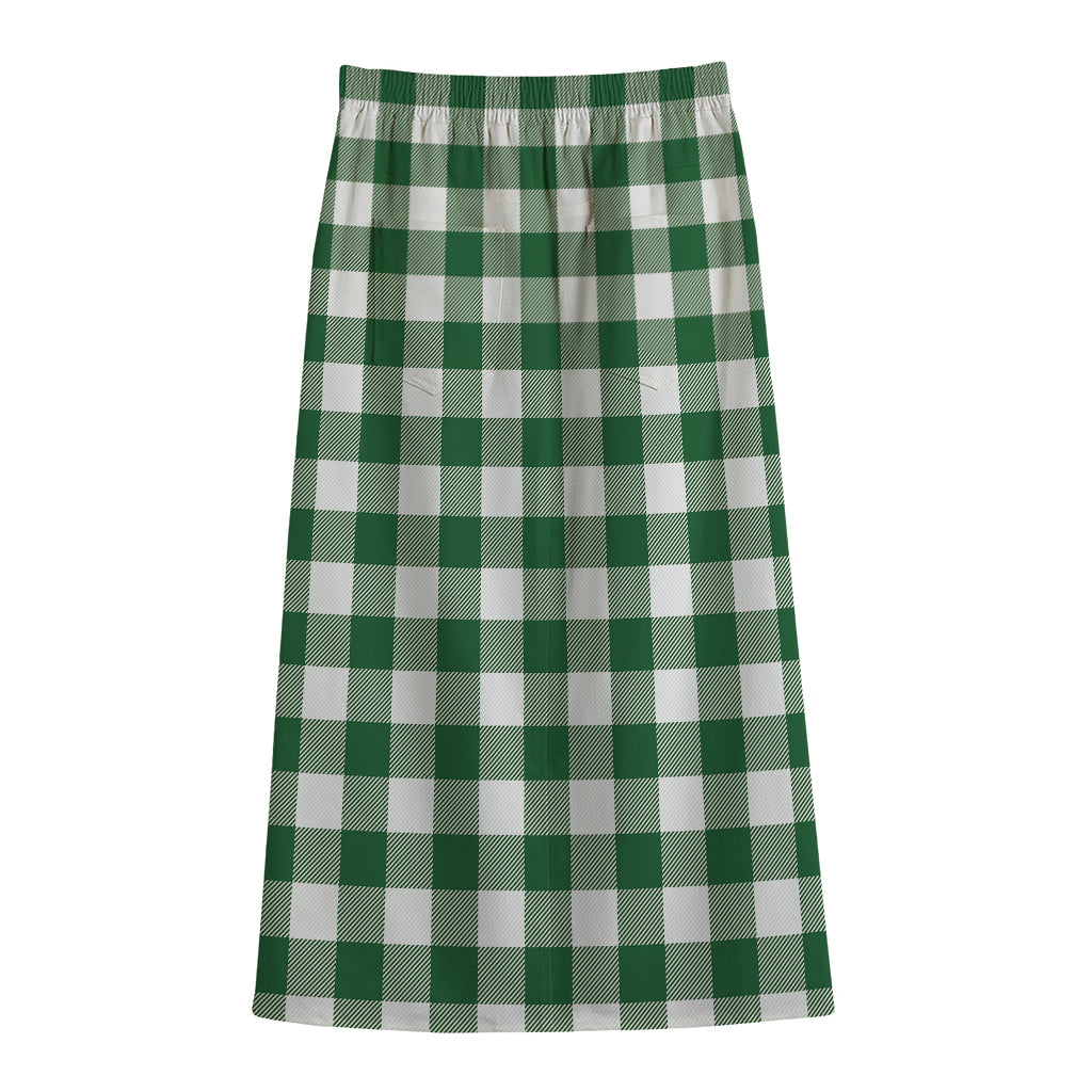 Green And White Buffalo Check Print Cotton Front Slit Maxi Skirt