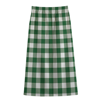 Green And White Buffalo Check Print Cotton Front Slit Maxi Skirt