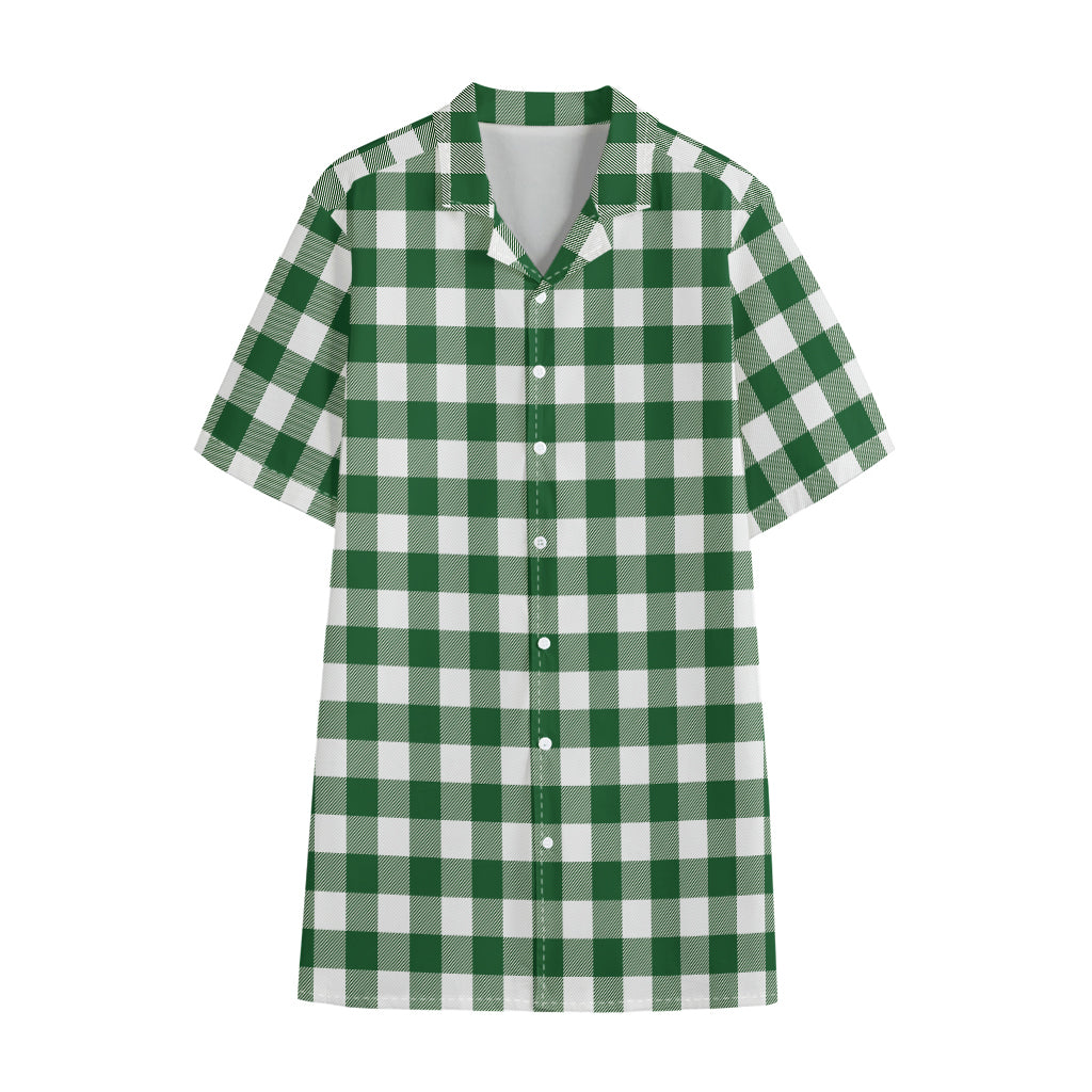 Green And White Buffalo Check Print Cotton Hawaiian Shirt
