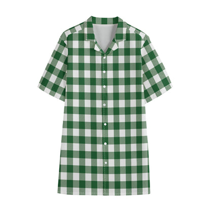 Green And White Buffalo Check Print Cotton Hawaiian Shirt
