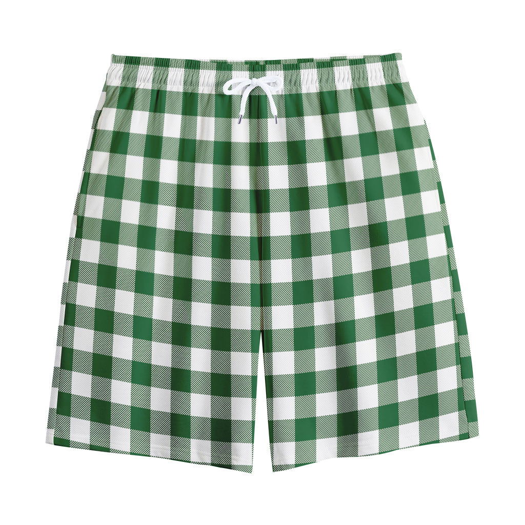 Green And White Buffalo Check Print Cotton Shorts