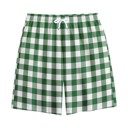Green And White Buffalo Check Print Cotton Shorts