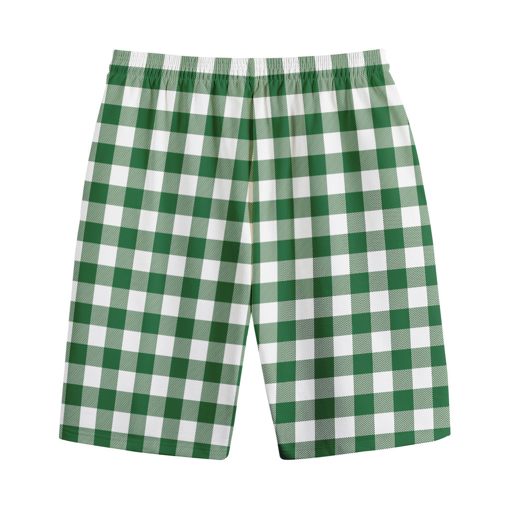 Green And White Buffalo Check Print Cotton Shorts