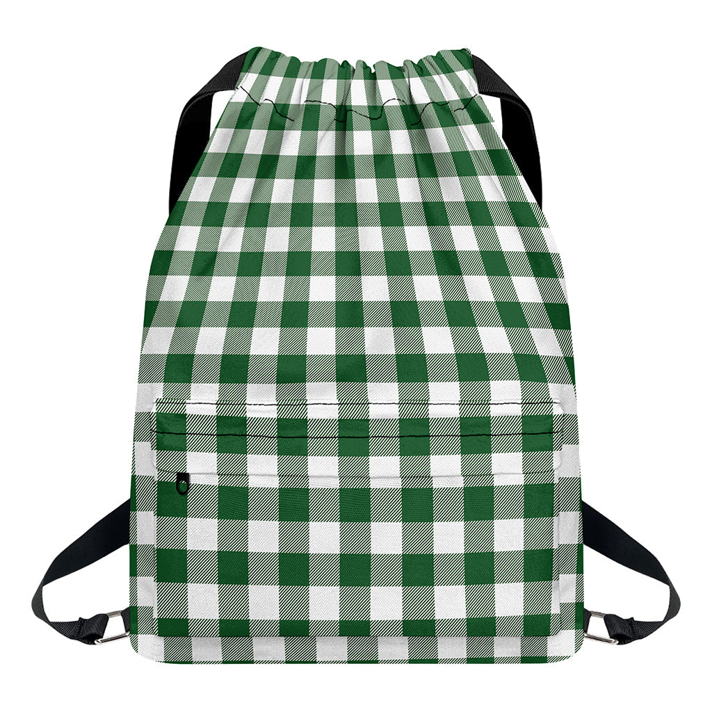 Green And White Buffalo Check Print Drawstring Backpack
