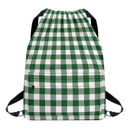 Green And White Buffalo Check Print Drawstring Backpack