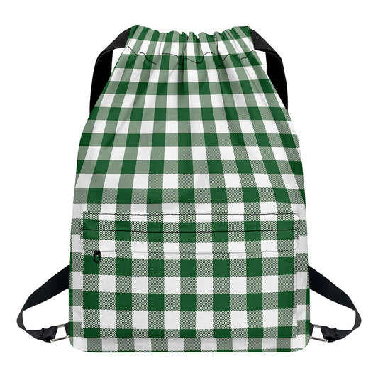 Green And White Buffalo Check Print Drawstring Backpack