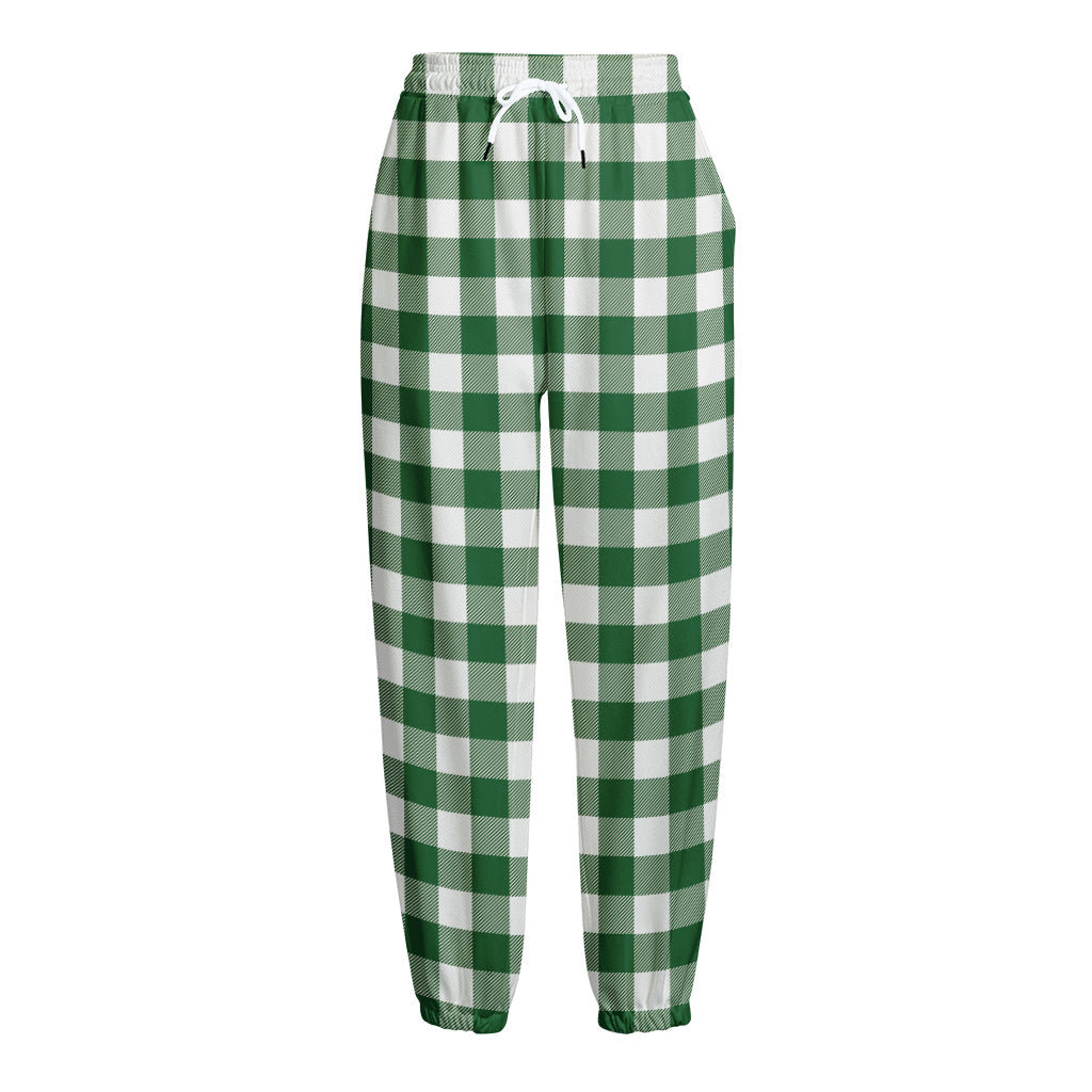 Green And White Buffalo Check Print Fleece Lined Knit Pants
