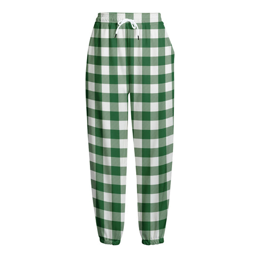 Green And White Buffalo Check Print Fleece Lined Knit Pants