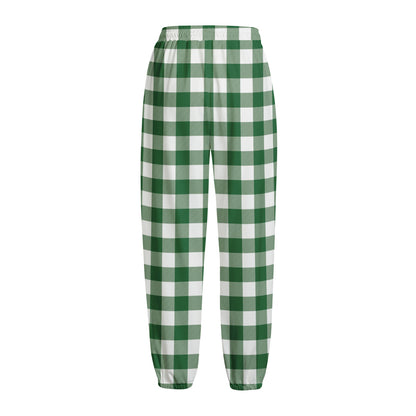 Green And White Buffalo Check Print Fleece Lined Knit Pants