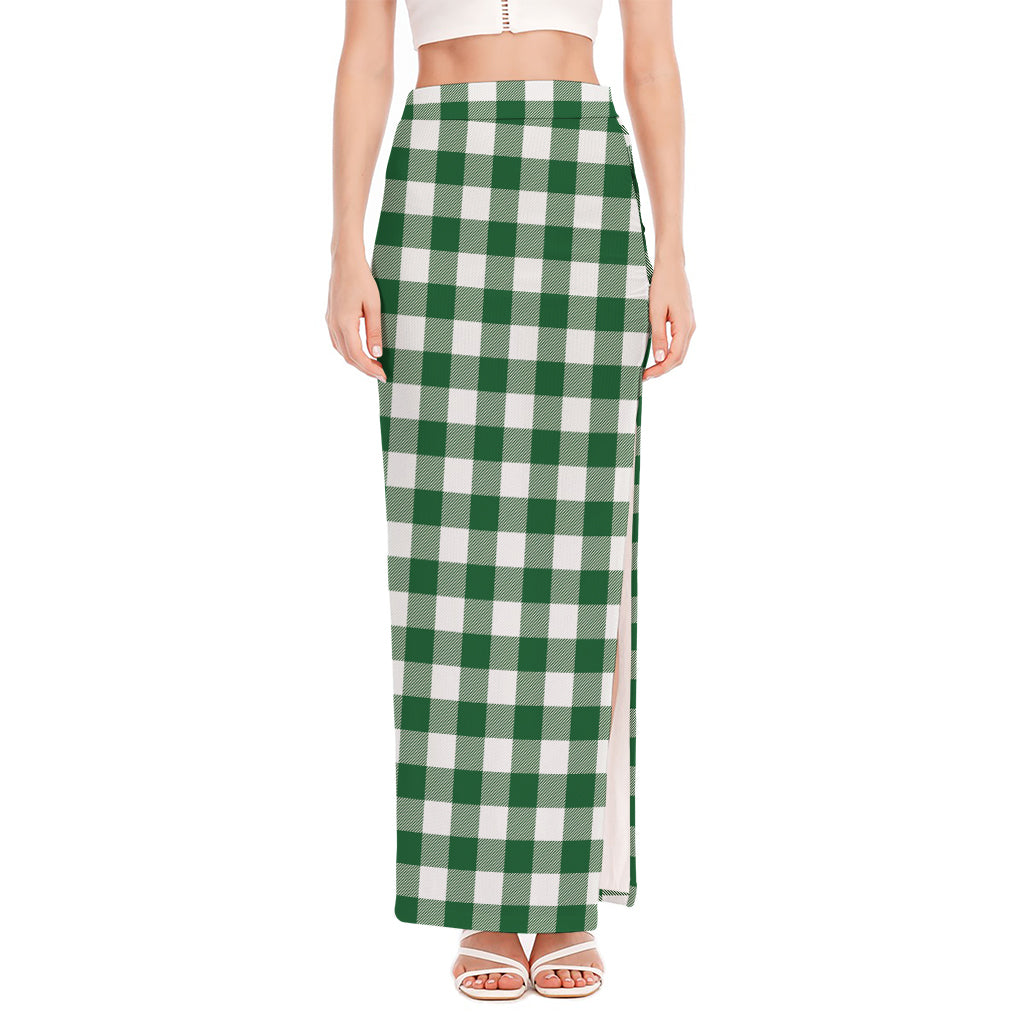 Green And White Buffalo Check Print High Slit Maxi Skirt