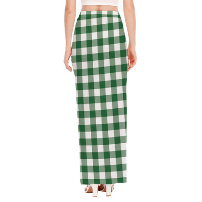 Green And White Buffalo Check Print High Slit Maxi Skirt
