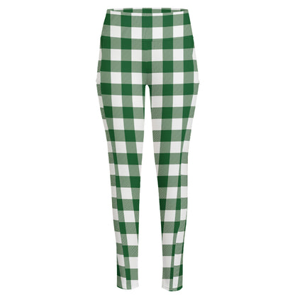 Green And White Buffalo Check Print High-Waisted Pocket Leggings