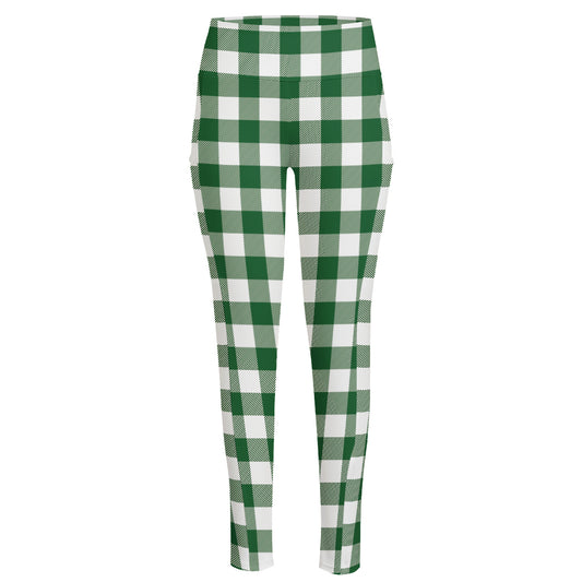 Green And White Buffalo Check Print High-Waisted Pocket Leggings