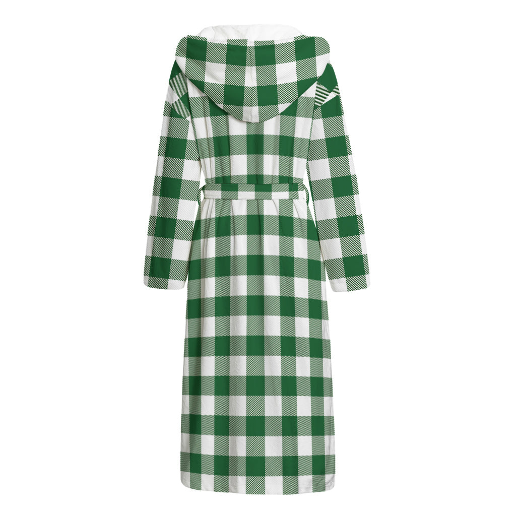 Green And White Buffalo Check Print Hooded Bathrobe