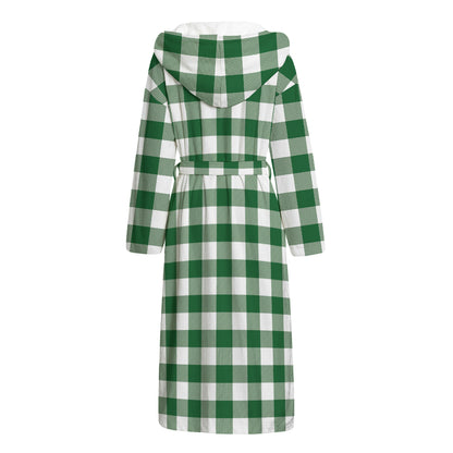 Green And White Buffalo Check Print Hooded Bathrobe