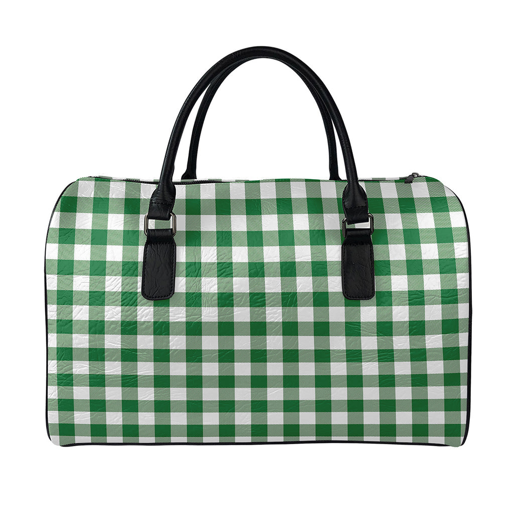 Green And White Buffalo Check Print Leather Duffle Bag