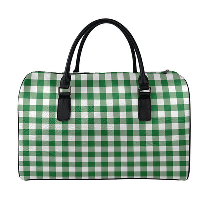 Green And White Buffalo Check Print Leather Duffle Bag