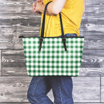 Green And White Buffalo Check Print Leather Tote Bag