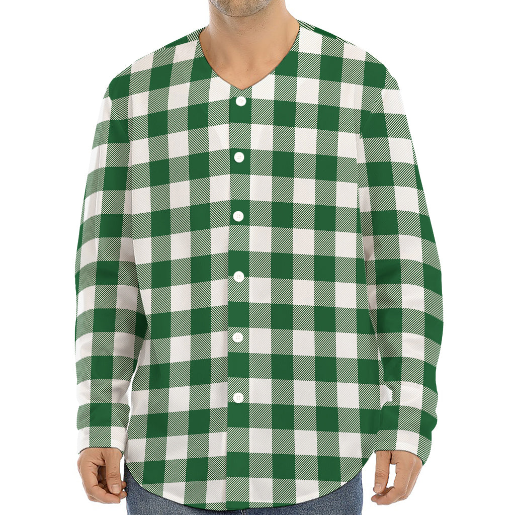 Green And White Buffalo Check Print Long Sleeve Baseball Jersey