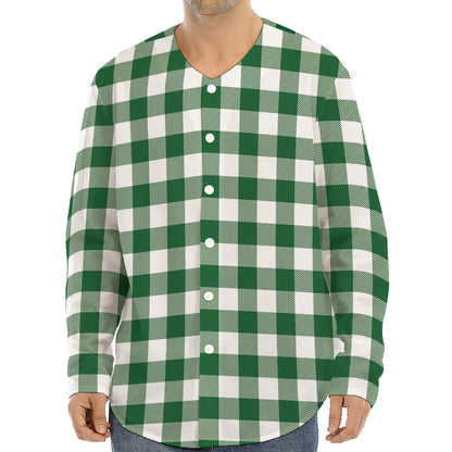 Green And White Buffalo Check Print Long Sleeve Baseball Jersey